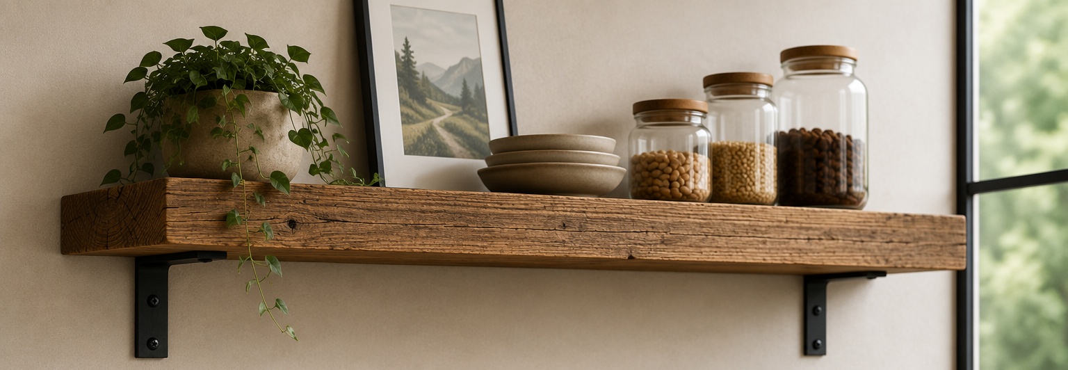 Handcrafted scaffold board shelf in Church Oak with black brackets